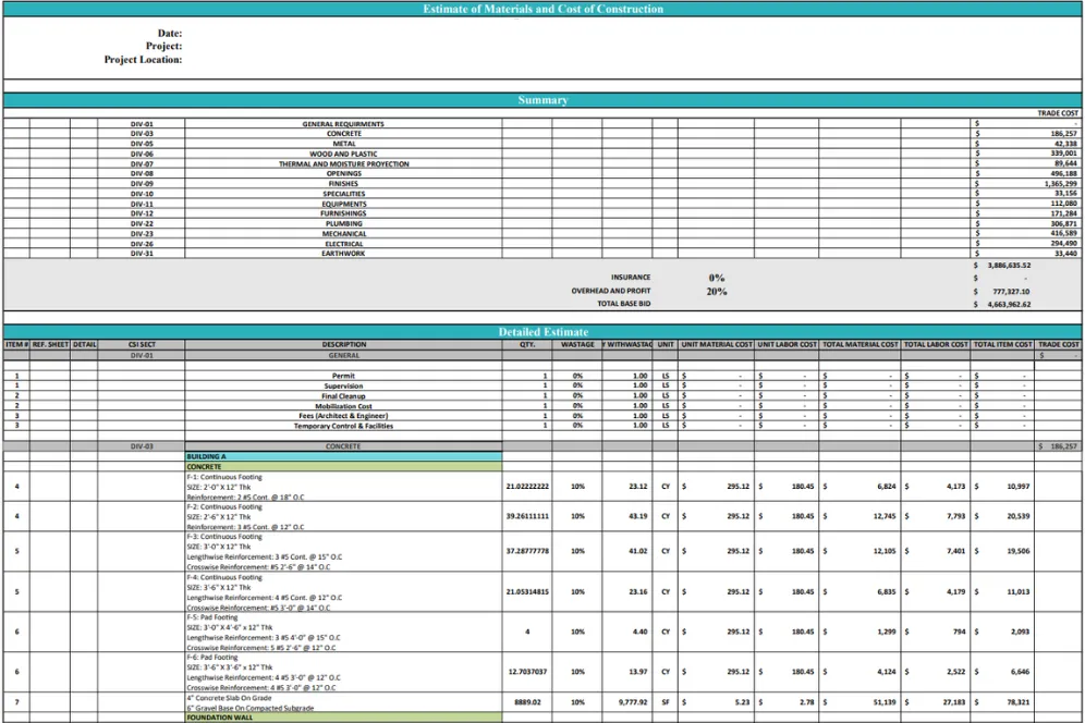 Washington Estimating Sample Image